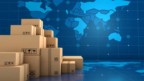 Mallar için kahverengi kutu ambalajı, dünya çapında ithalat ihracat işi, 3D görüntüleme