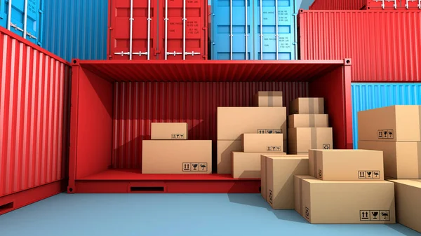 Hromada Hnědé Krabice Balení Kontejner Import Export Lodní Dopravy Podnikání Royalty Free Stock Obrázky