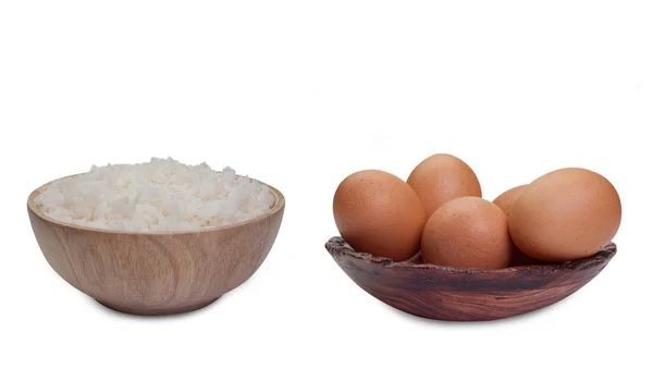 Arroz Tazón Huevos Pollo Sobre Fondo Blanco Comida Saludable — Foto de Stock