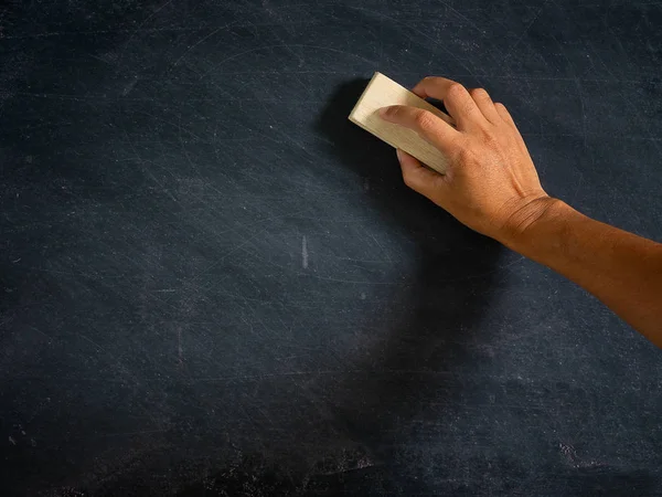 Hand holding brush eraser and blackboard , Concept education and school , background or copy space for add text message.