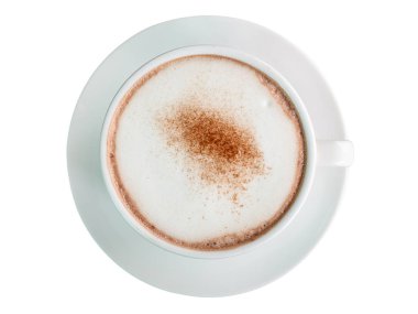 (Üstteki görüntü) Beyaz arka planda izole beyaz kupa kakao içmek. (kırpma yolu)