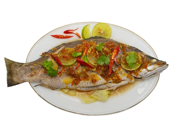 Steamed Basa Fish Lime Dressing White Background Has Clipping Path — Stock Photo, Image