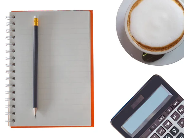 Notizbuch Mit Bleistift Taschenrechner Und Heißem Kaffee Ideen Für Die — Stockfoto
