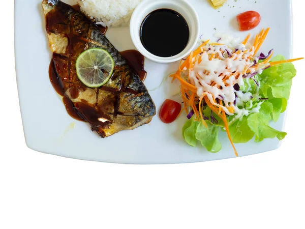 Nahaufnahme Gegrillter Saba Fisch Mit Teriyaki Sauce Japanisches Essen Isoliert — Stockfoto