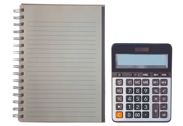 Αριθμομηχανή Και Σημειωματάριο Που Απομονώνονται Λευκό Φόντο — Φωτογραφία Αρχείου
