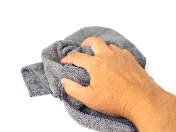 Mão Macho Segurando Pano Limpeza Microfibra Fundo Branco — Fotografia de Stock