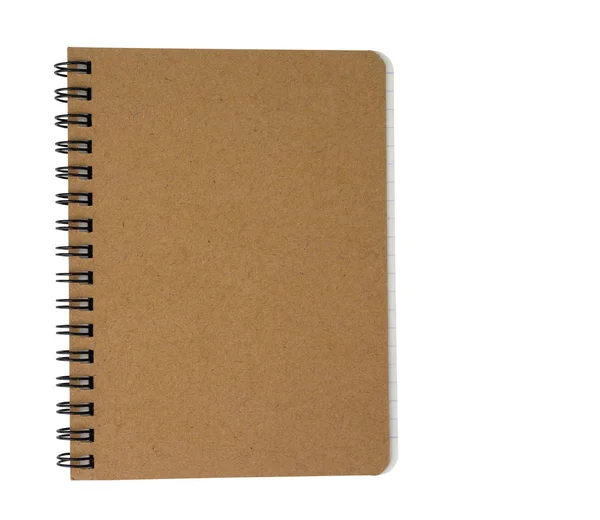 Bovenaanzicht van bruin spiraal notebook op witte achtergrond. (knippen — Stockfoto