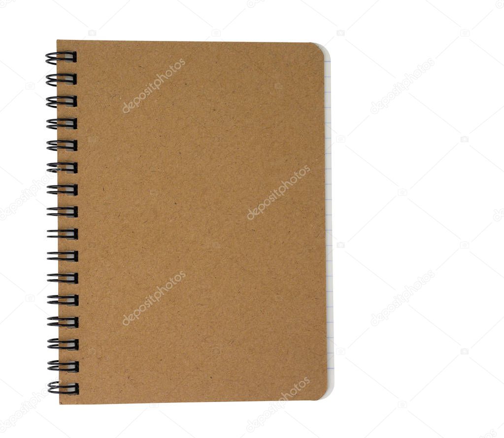 Top view of brown spiral notebook on white background. (clipping