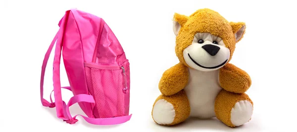 Školní batoh pro dívky a opice hračky. — Stock fotografie