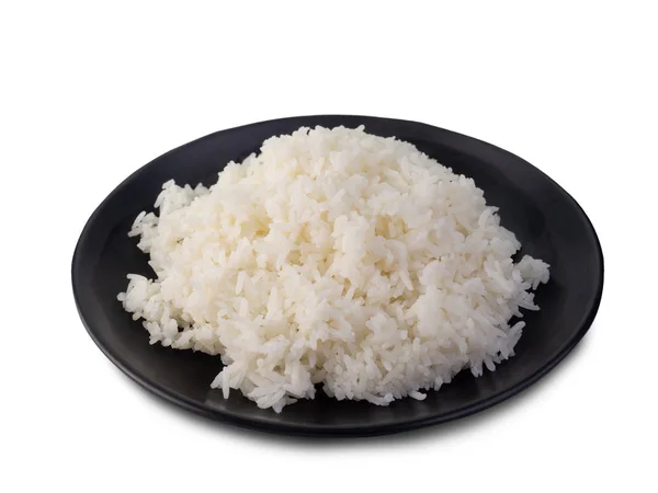 Reis in schwarzem Teller auf weißem Hintergrund. (Schnittpfad) — Stockfoto