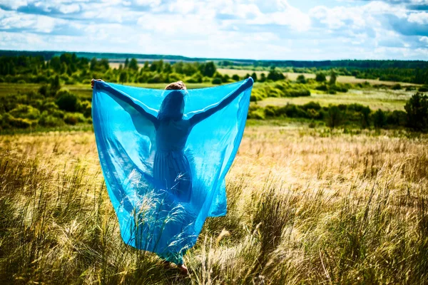 Portrait Romantic Slim Woman Walking Wheat Field She Wearing Bright — Stock Photo, Image