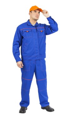 mavi üniformalı genç adam tamirci. Erkek tam uzunlukta portre 