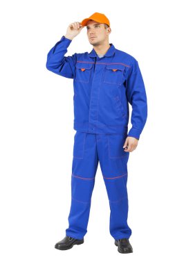 mavi üniformalı genç adam tamirci. Erkek tam uzunlukta portre 