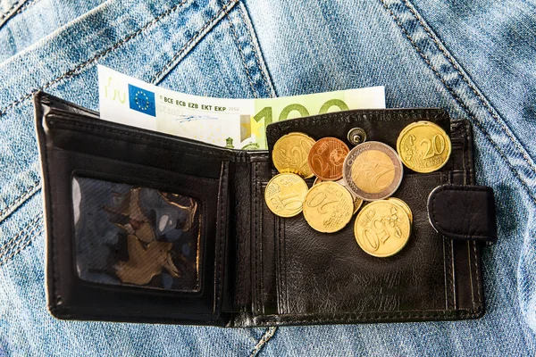 Moedas Euro Notas Carteira Preta Moeda Euros Dinheiro Euros Close — Fotografia de Stock
