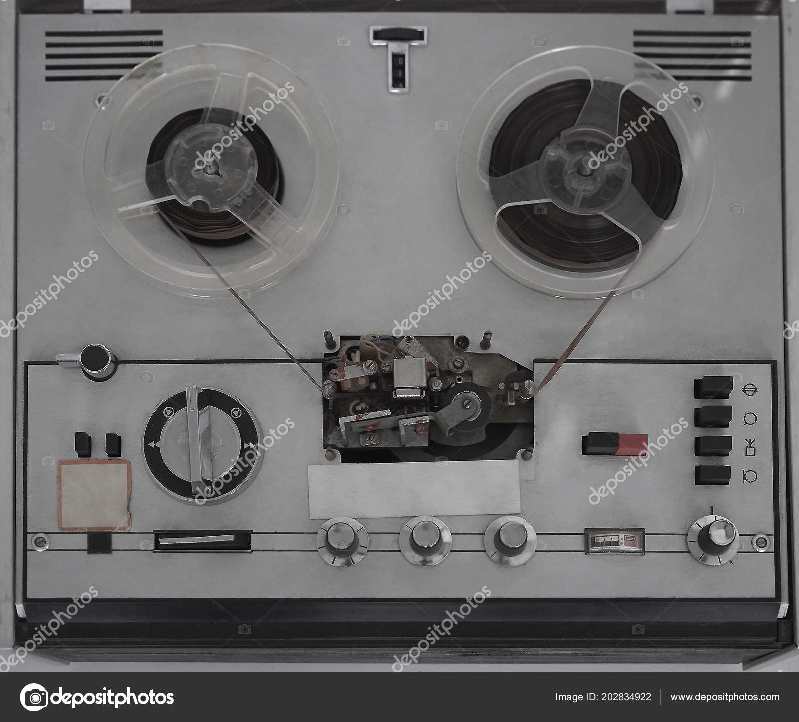 Old Reel Tape Recorder Wooden Table Retro Style Stock Photo by