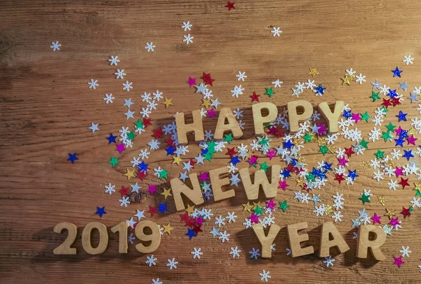Новым 2019 Годом Деревянное Число Буквы Фоне Деревянного Стола Красочные — стоковое фото