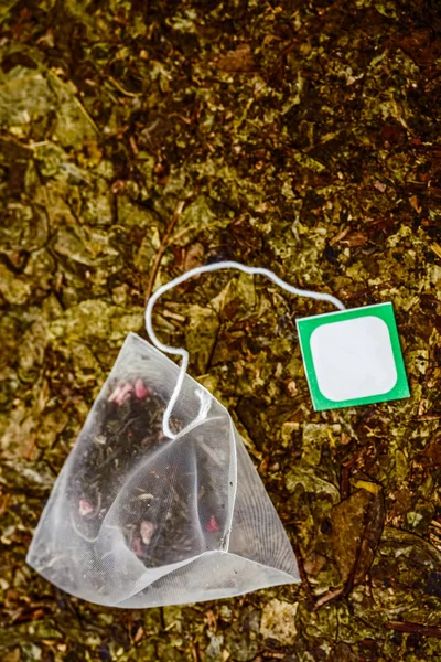 Pyramid Shape Tea Bag Burlarse Con Etiqueta Vacía Blanca Verde —  Fotos de Stock