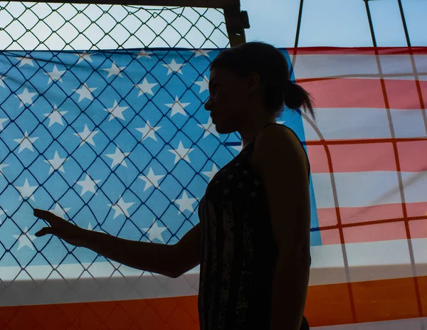 Silhouette African American Woman American Flag Large Flag Hanging Fence — Stock Photo, Image