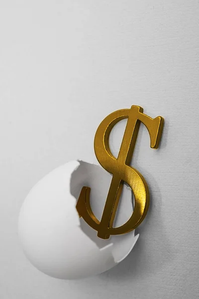 Разбитая Скорлупа Яйца Табличкой Доллар Внутри Голубой Бумаге — стоковое фото