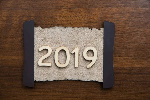 Кожаная Вывеска Датой 2019 Новым Годом Деревянный Стол — стоковое фото