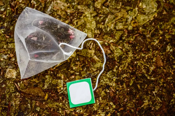 Pyramid Shape Tea Bag Burlarse Con Etiqueta Vacía Blanca Verde —  Fotos de Stock