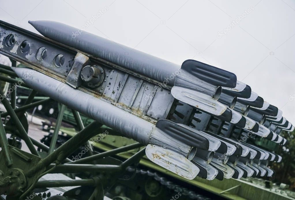 Rocket launch. Battle scene with rocket Missiles with Warhead Aimed at Gloomy Sky.