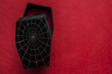 ile spiderweb kırmızı kanlı zemin üzerine siyah tabutun kapağını açın. yazıt veya diğer nesneleri için boş kopya alanı. Cadılar Bayramı partisi. tatil arka plan. örümcek ağı
