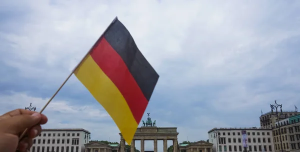 Berlin Germany July 2018 Person Holding Flag Background Details Brandenburg — Stock Photo, Image