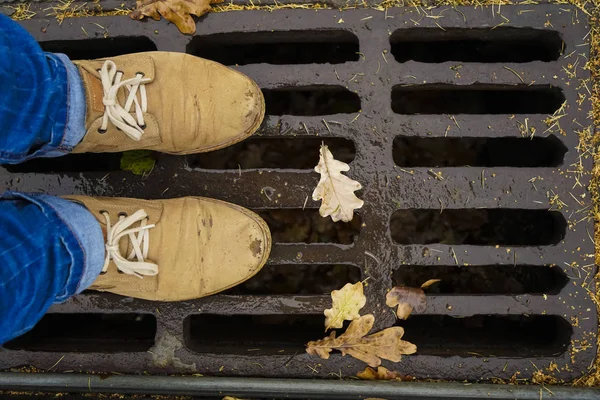 Male leather Shoes on drain cover with falling yellow and brown oak leaves. autumn cleaning in the park. — Stock Image Male Leather Shoes Drain Cover Falling Yellow Brown Oak Leaves Stock Photo