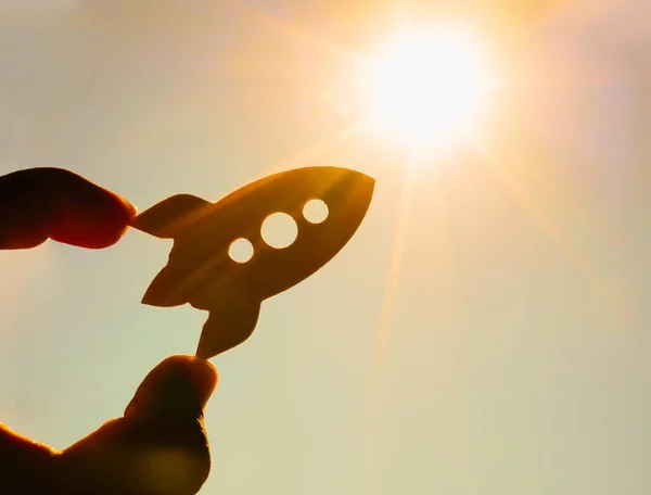 Male Hand Holding Rocket Sing — Stock Photo, Image