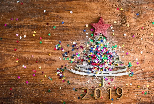 Carte Nouvelle Année 2019 Arbre Noël Avec Étoile Rouge Dessus — Photo