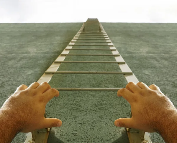 Male Hands Reaching Metal Stairway Green House — Stock Photo, Image