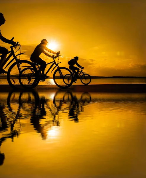 Empty Space Sporty Friends Bicycles Sunset Cyclists Riding Coast Sport — Stock Photo, Image