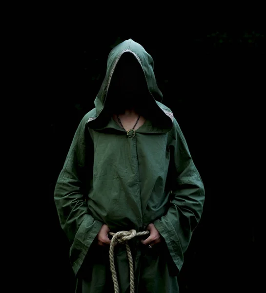 Shaman Man Wearing Green Shroud Evening Forest — Stock Photo, Image