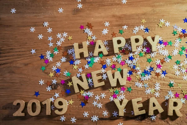 Gelukkig Nieuwjaar 2019 Houten Nummer Letters Houten Tafel Achtergrond Kleurrijke — Stockfoto