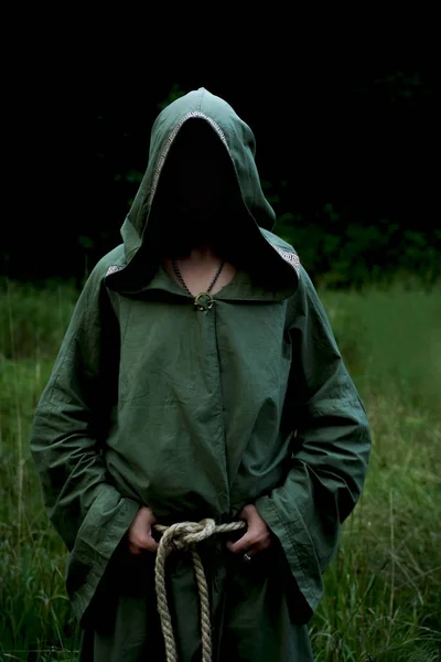 Shaman Man Wearing Green Shroud Evening Forest — Stock Photo, Image