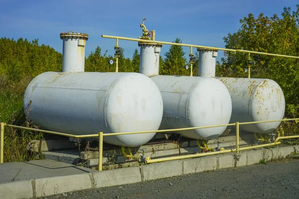 Big Silver Gas Cisterns Petroleum Reservoirs Fuel Tanks Stock Photo