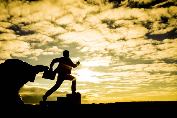 Silhouette Eines Geschäftsmannes Mit Gehäuse Das Treppen Hinauf Läuft Sonnigen — Stockfoto