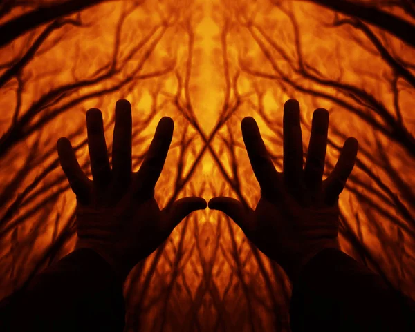 silhouettes of male hands against sunset orange sky with many trees