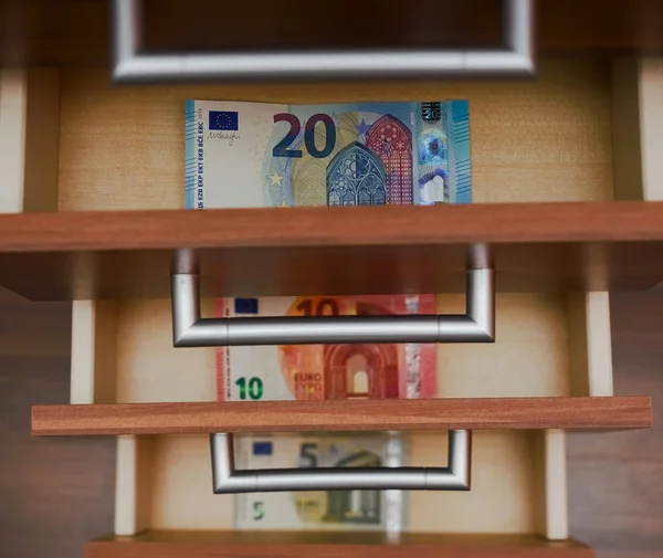 rising euro banknotes in open drawer cabinets. five, ten, twenty, 5, 10, 20 bills . success in business  idea