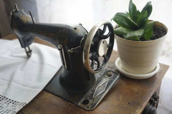 Máquina Mecánica Costura Vintage Sobre Fondo Cortinas Blancas Maceta Con — Foto de Stock