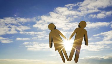 mavi gökyüzü arka plan ile çift erkek ve kadın ahşap işaretler. 