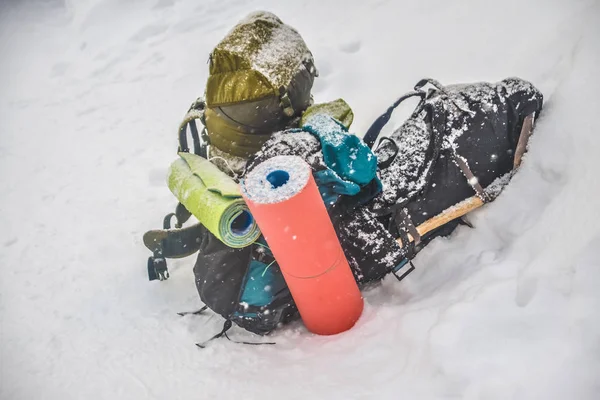 Dos Mochilas Cubiertas Nieve Temporada Invierno Par Alfombras — Foto de Stock