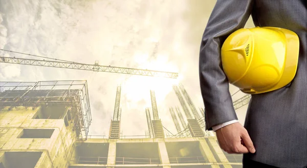 Engineer Holding Yellow Helmet Workers Security Background New Building Construction — Stock Photo, Image