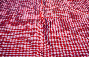 Kırmızı ve Beyaz şemsiye Plaidon yeşil çim zemin arka plan.