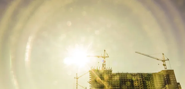 Industrial construction cranes and building silhouette during sunrise