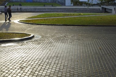 Yürüyüş birlikte yağmur sonrası çift. ıslak Arnavut kaldırımı taşı üzerinde odaklanmak. 