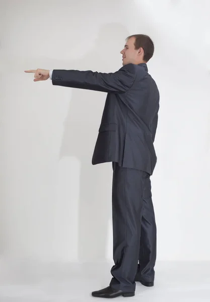 Full Length Portrait Businessman Showing Index Finger — Stock Photo, Image