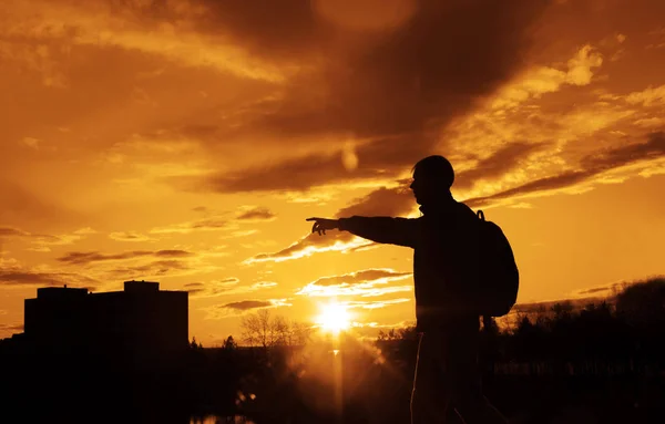 Silhouette Tourist Man Standing Hill Showing Direction Index Finger Nature — Stock Photo, Image