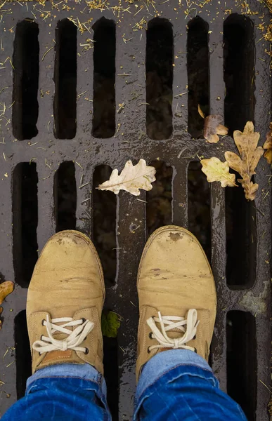 Male leather Shoes on drain cover with falling yellow and brown oak leaves. autumn cleaning in the park. — Stock Image Male Leather Shoes Drain Cover Falling Yellow Brown Oak Leaves Stock Picture